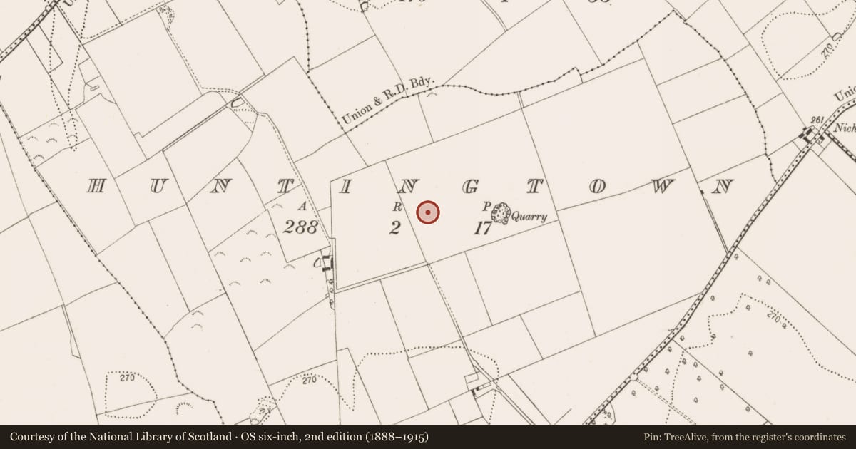 Ordnance Survey six-inch map, 2nd edition (1888–1915) covering the location of Enclosure, Huntingtown, County Kilkenny, with a pin at the register's coordinates