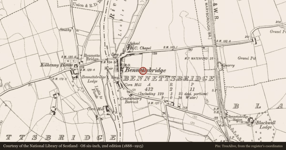 Ordnance Survey six-inch map, 2nd edition (1888–1915) covering the location of Ring-ditch, Bennettsbridge, County Kilkenny, with a pin at the register's coordinates