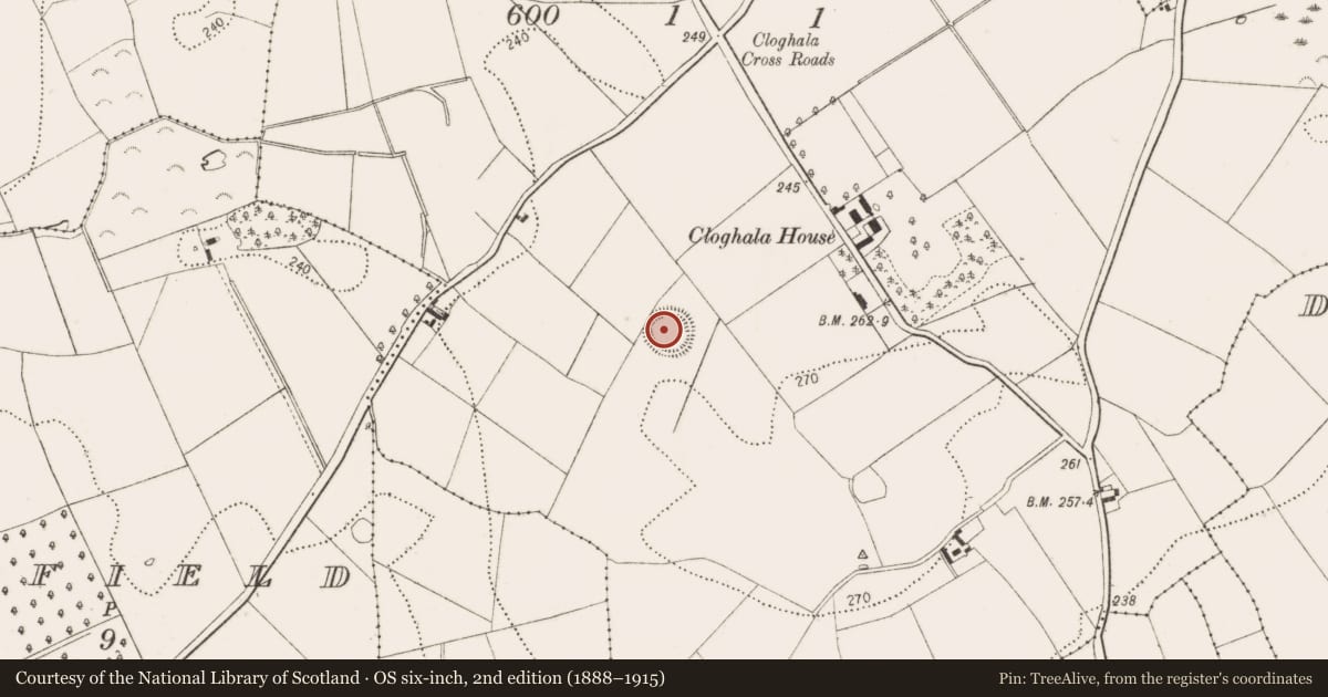 Ordnance Survey six-inch map, 2nd edition (1888–1915) covering the location of Enclosure, Cloghala, County Kilkenny, with a pin at the register's coordinates