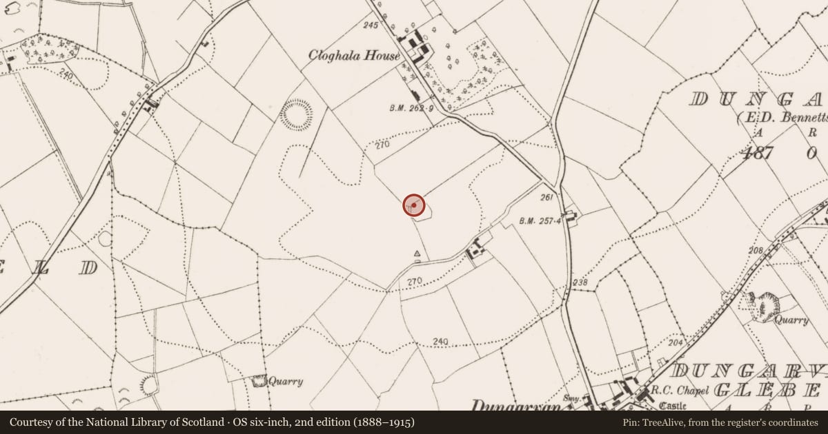 Ordnance Survey six-inch map, 2nd edition (1888–1915) covering the location of Enclosure, Cloghala, County Kilkenny, with a pin at the register's coordinates