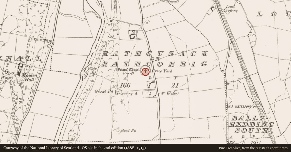 Ordnance Survey six-inch map, 2nd edition (1888–1915) covering the location of Church, Rathcusack Or Rathcorrig, County Kilkenny, with a pin at the register's coordinates