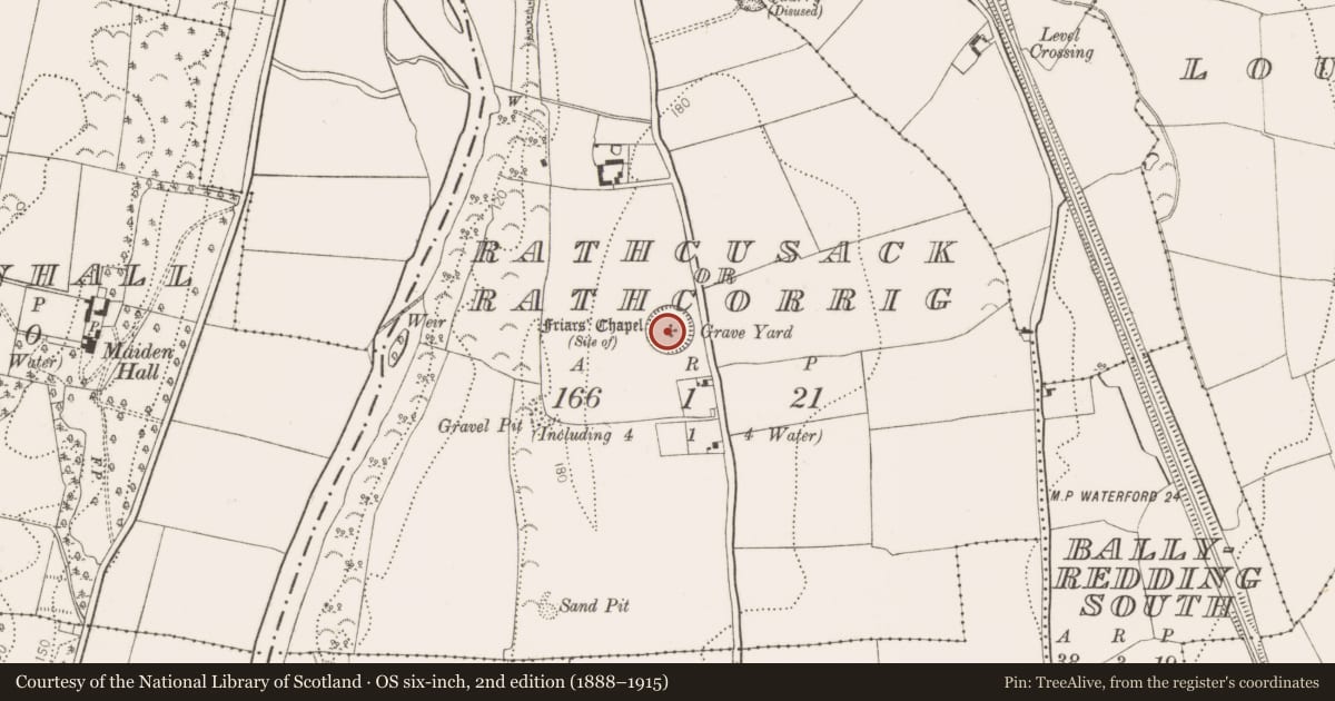 Ordnance Survey six-inch map, 2nd edition (1888–1915) covering the location of Graveyard, Rathcusack Or Rathcorrig, County Kilkenny, with a pin at the register's coordinates