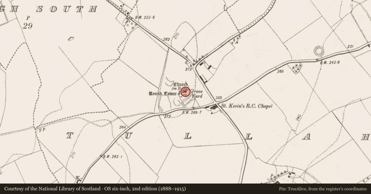 Ordnance Survey six-inch map, 2nd edition (1888–1915) covering the location of Graveslab, Tullaherin, County Kilkenny, with a pin at the register's coordinates