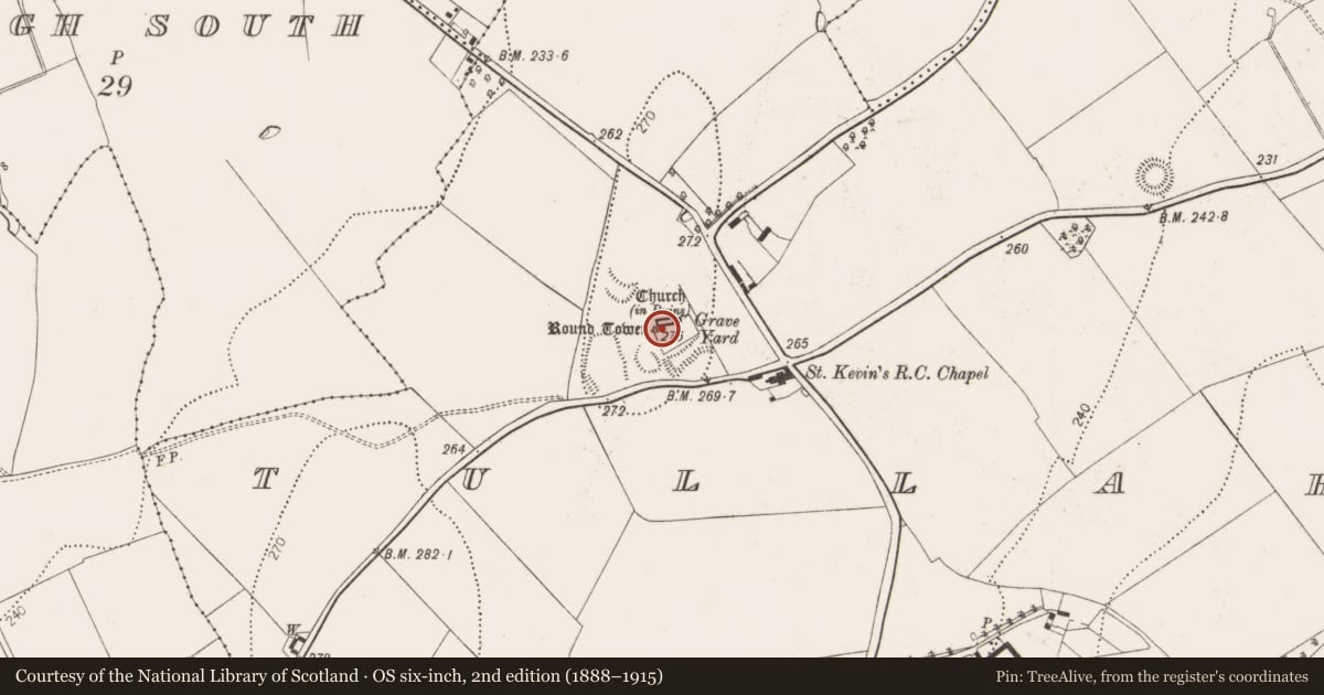 Ordnance Survey six-inch map, 2nd edition (1888–1915) covering the location of Ogham stone, Tullaherin, County Kilkenny, with a pin at the register's coordinates