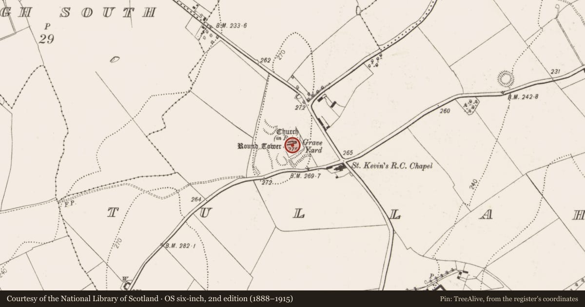 Ordnance Survey six-inch map, 2nd edition (1888–1915) covering the location of Cross, Tullaherin, County Kilkenny, with a pin at the register's coordinates