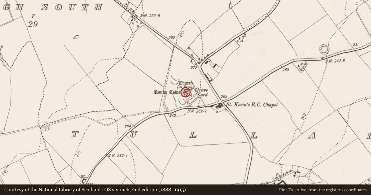 Ordnance Survey six-inch map, 2nd edition (1888–1915) covering the location of Ogham stone, Tullaherin, County Kilkenny, with a pin at the register's coordinates