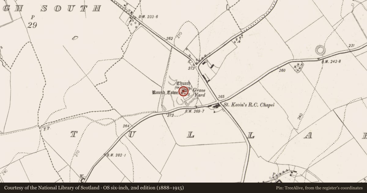 Ordnance Survey six-inch map, 2nd edition (1888–1915) covering the location of Graveslab, Tullaherin, County Kilkenny, with a pin at the register's coordinates
