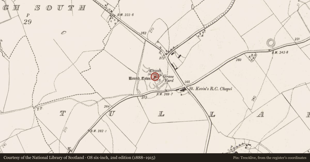 Ordnance Survey six-inch map, 2nd edition (1888–1915) covering the location of Graveslab, Tullaherin, County Kilkenny, with a pin at the register's coordinates