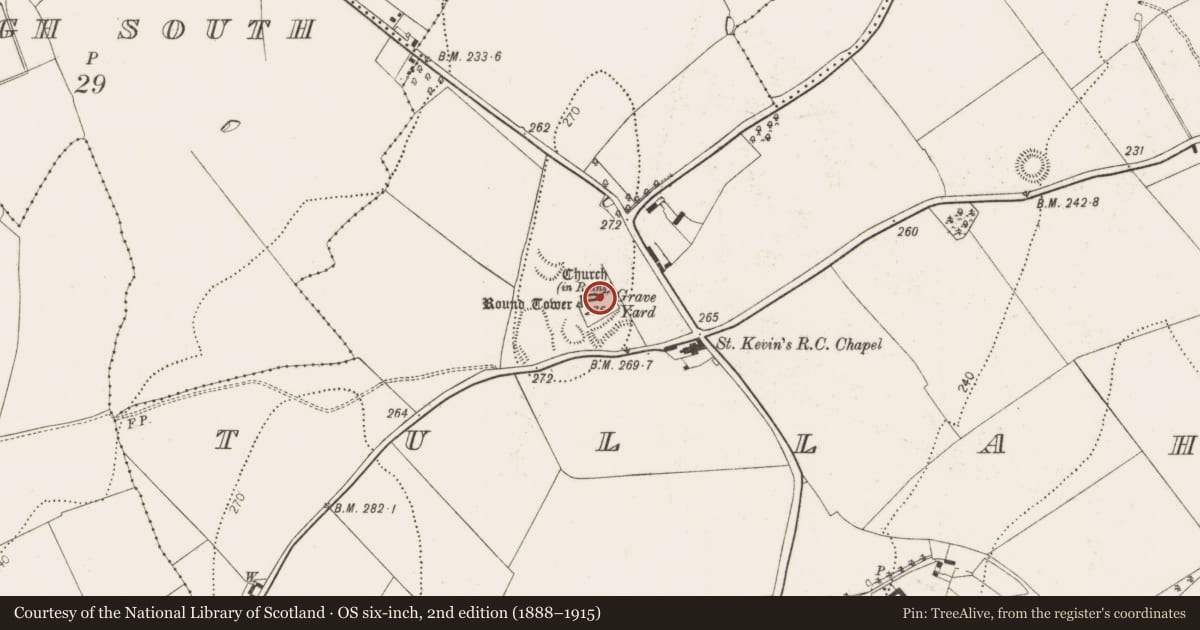 Ordnance Survey six-inch map, 2nd edition (1888–1915) covering the location of Graveslab, Tullaherin, County Kilkenny, with a pin at the register's coordinates