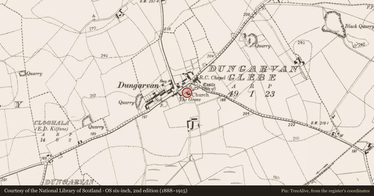Ordnance Survey six-inch map, 2nd edition (1888–1915) covering the location of Church, Dungarvan, County Kilkenny, with a pin at the register's coordinates