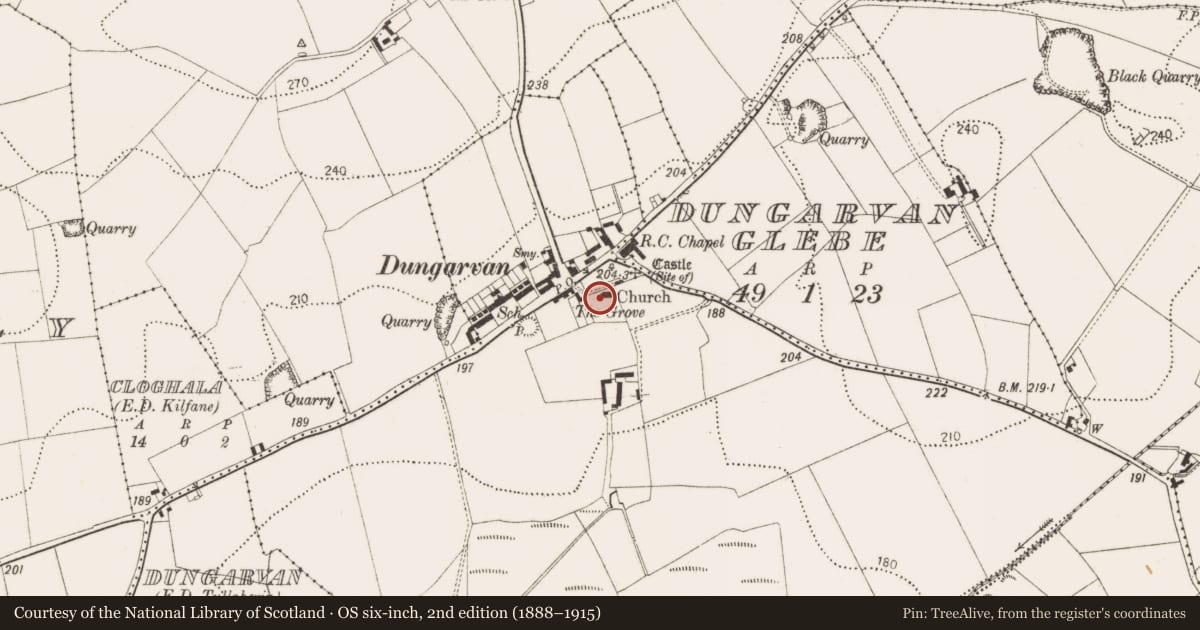 Ordnance Survey six-inch map, 2nd edition (1888–1915) covering the location of Graveyard, Dungarvan, County Kilkenny, with a pin at the register's coordinates