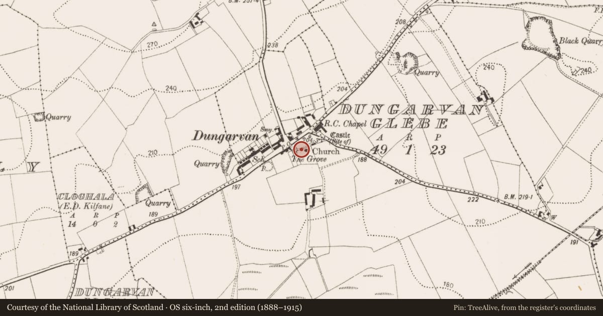 Ordnance Survey six-inch map, 2nd edition (1888–1915) covering the location of Graveslab, Dungarvan, County Kilkenny, with a pin at the register's coordinates