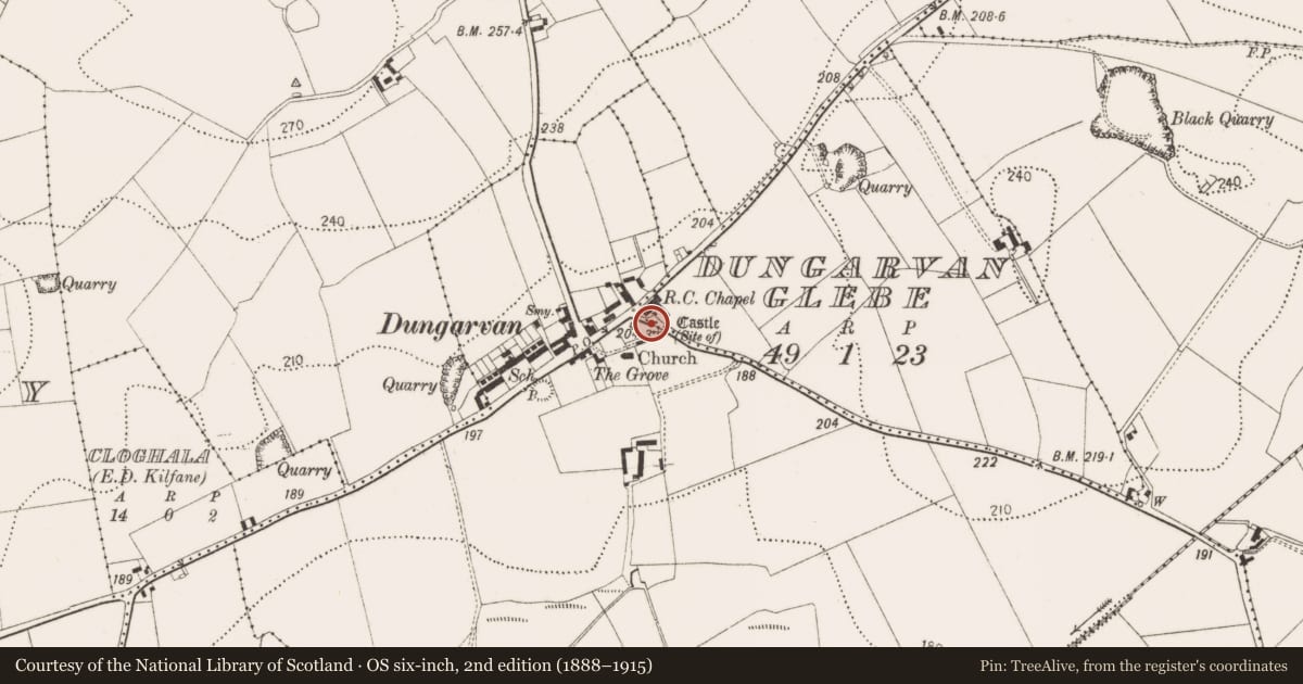 Ordnance Survey six-inch map, 2nd edition (1888–1915) covering the location of Castle - tower house, Dungarvan, County Kilkenny, with a pin at the register's coordinates