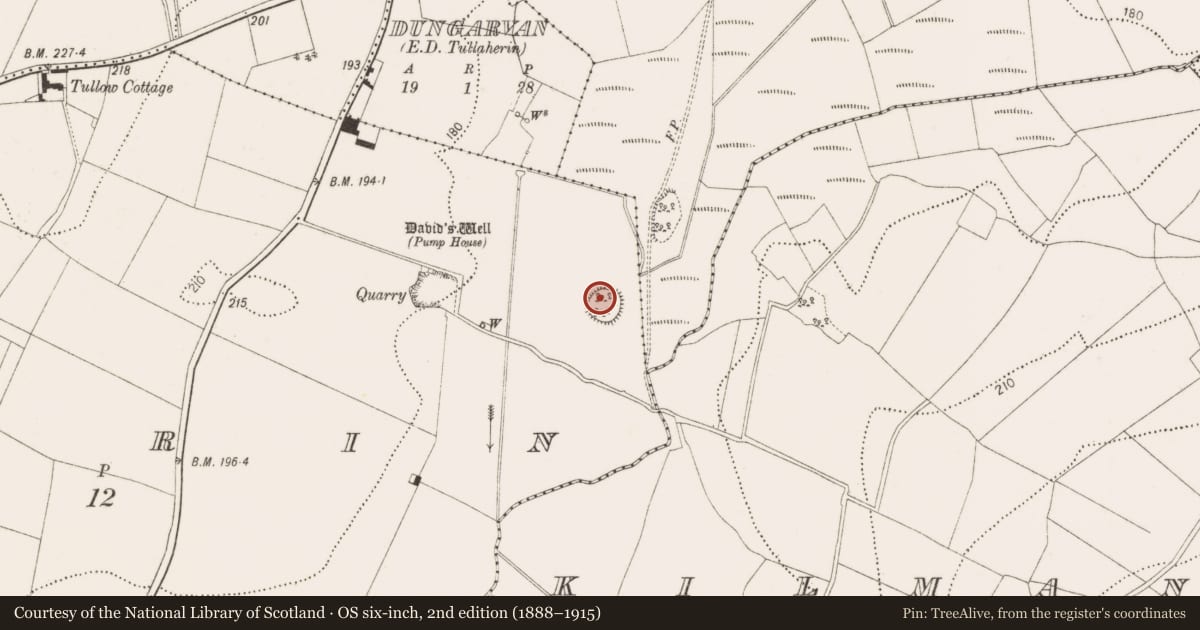 Ordnance Survey six-inch map, 2nd edition (1888–1915) covering the location of Concentric enclosure, Tullaherin, County Kilkenny, with a pin at the register's coordinates