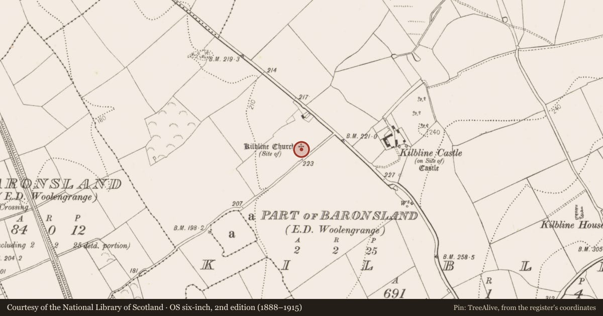 Ordnance Survey six-inch map, 2nd edition (1888–1915) covering the location of Graveyard, Kilbline, County Kilkenny, with a pin at the register's coordinates
