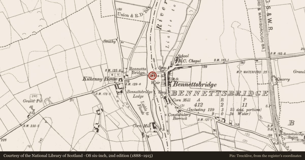 Ordnance Survey six-inch map, 2nd edition (1888–1915) covering the location of Chapel, Bennettsbridge, County Kilkenny, with a pin at the register's coordinates