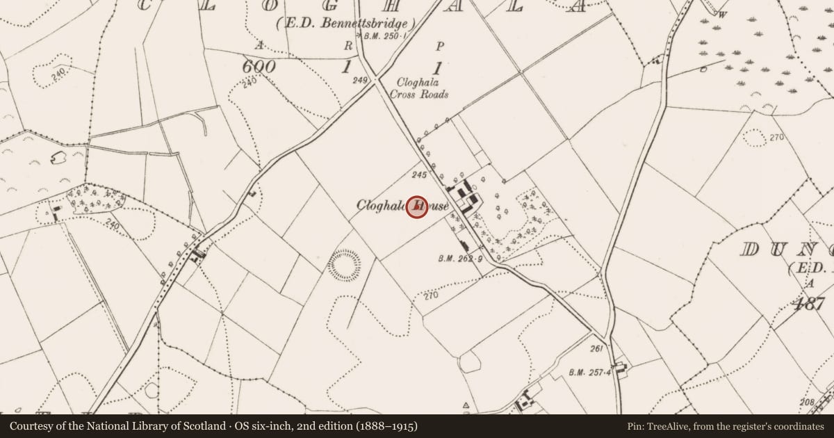 Ordnance Survey six-inch map, 2nd edition (1888–1915) covering the location of Burial mound, Cloghala, County Kilkenny, with a pin at the register's coordinates