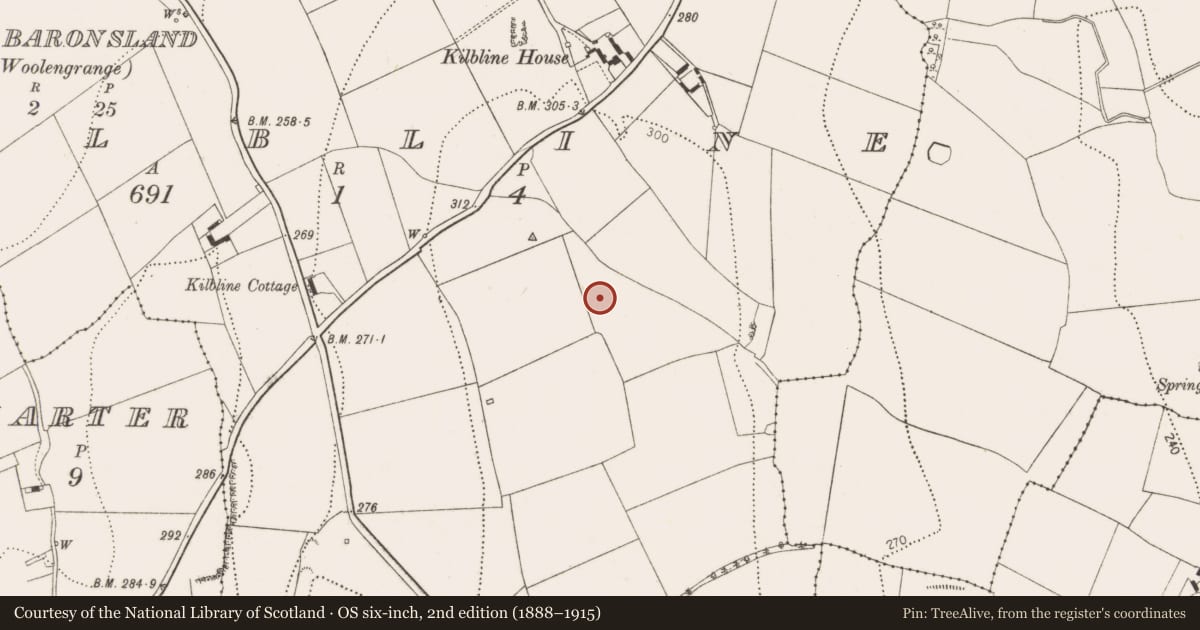 Ordnance Survey six-inch map, 2nd edition (1888–1915) covering the location of Enclosure, Kilbline, County Kilkenny, with a pin at the register's coordinates