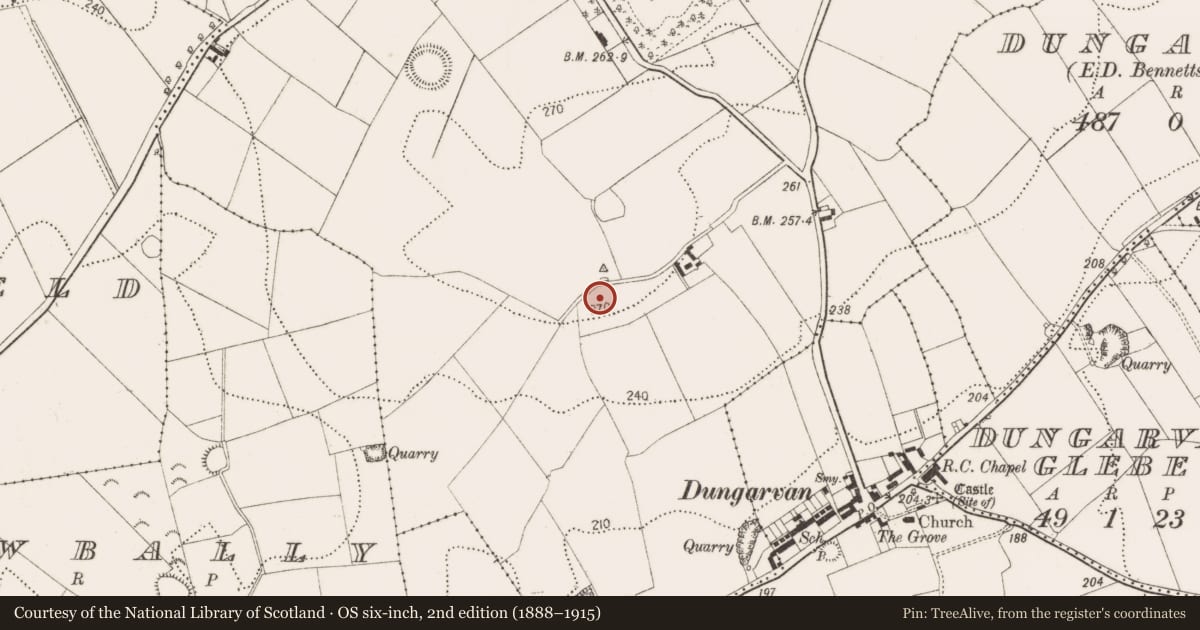 Ordnance Survey six-inch map, 2nd edition (1888–1915) covering the location of Enclosure, Cloghala, County Kilkenny, with a pin at the register's coordinates