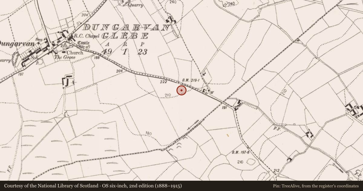 Ordnance Survey six-inch map, 2nd edition (1888–1915) covering the location of Enclosure, Dungarvan, County Kilkenny, with a pin at the register's coordinates