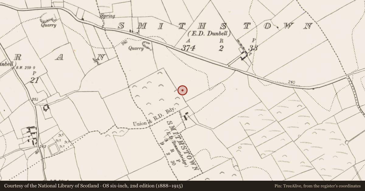 Ordnance Survey six-inch map, 2nd edition (1888–1915) covering the location of Ring-ditch, Smithstown, County Kilkenny, with a pin at the register's coordinates