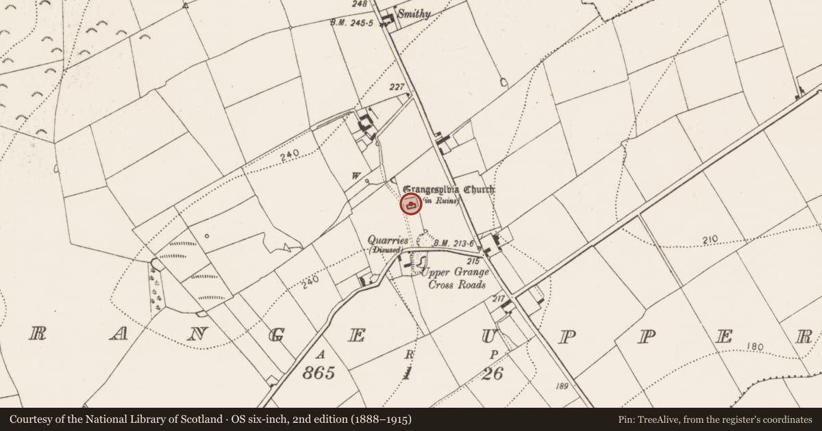 Ordnance Survey six-inch map, 2nd edition (1888–1915) covering the location of Church, Grange Upper, County Kilkenny, with a pin at the register's coordinates