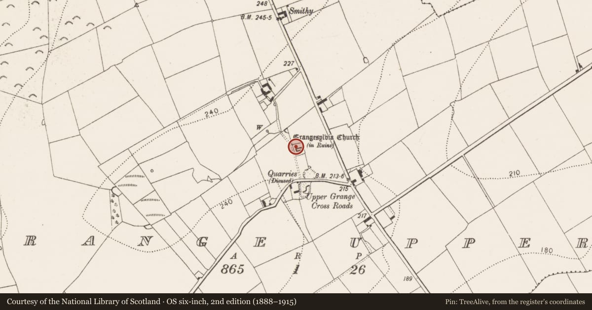 Ordnance Survey six-inch map, 2nd edition (1888–1915) covering the location of Graveyard, Grange Upper, County Kilkenny, with a pin at the register's coordinates