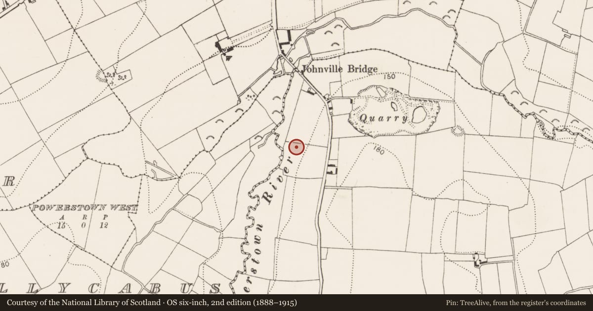 Ordnance Survey six-inch map, 2nd edition (1888–1915) covering the location of Moated site, Powerstown East, County Kilkenny, with a pin at the register's coordinates