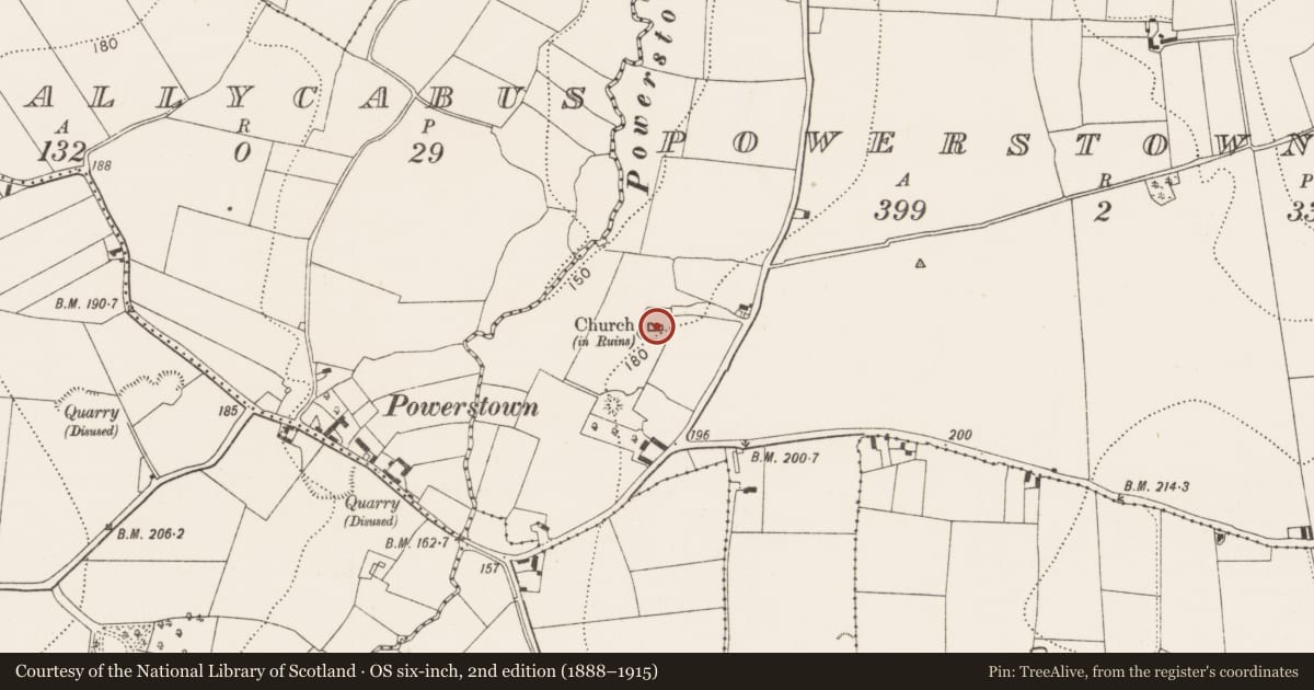Ordnance Survey six-inch map, 2nd edition (1888–1915) covering the location of Church, Powerstown East, County Kilkenny, with a pin at the register's coordinates