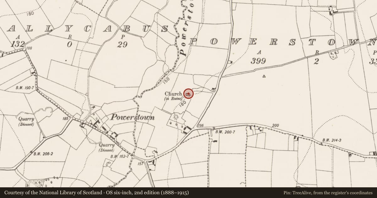 Ordnance Survey six-inch map, 2nd edition (1888–1915) covering the location of Font, Powerstown East, County Kilkenny, with a pin at the register's coordinates