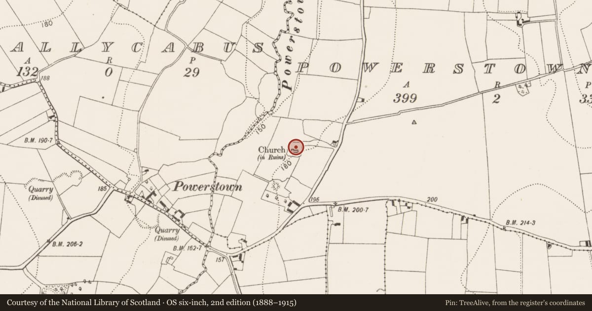 Ordnance Survey six-inch map, 2nd edition (1888–1915) covering the location of Graveyard, Powerstown East, County Kilkenny, with a pin at the register's coordinates