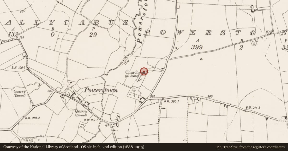 Ordnance Survey six-inch map, 2nd edition (1888–1915) covering the location of Headstone, Powerstown East, County Kilkenny, with a pin at the register's coordinates
