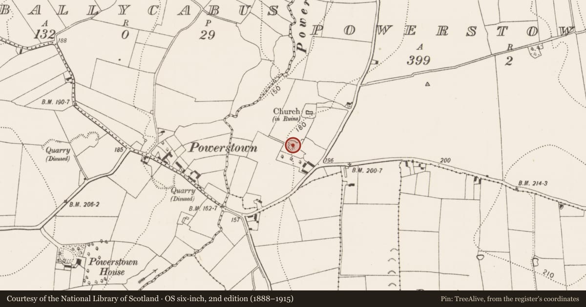 Ordnance Survey six-inch map, 2nd edition (1888–1915) covering the location of Castle - motte, Powerstown East, County Kilkenny, with a pin at the register's coordinates