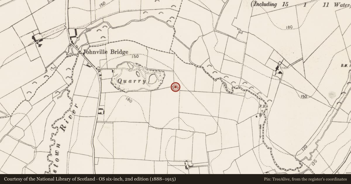 Ordnance Survey six-inch map, 2nd edition (1888–1915) covering the location of Enclosure, Powerstown East, County Kilkenny, with a pin at the register's coordinates