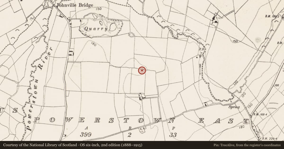 Ordnance Survey six-inch map, 2nd edition (1888–1915) covering the location of Enclosure, Powerstown East, County Kilkenny, with a pin at the register's coordinates