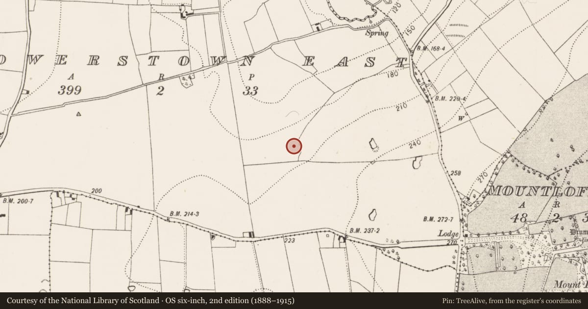 Ordnance Survey six-inch map, 2nd edition (1888–1915) covering the location of Moated site, Powerstown East, County Kilkenny, with a pin at the register's coordinates