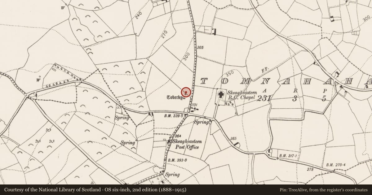 Ordnance Survey six-inch map, 2nd edition (1888–1915) covering the location of Ritual site - holy well, Gorteen, County Kilkenny, with a pin at the register's coordinates