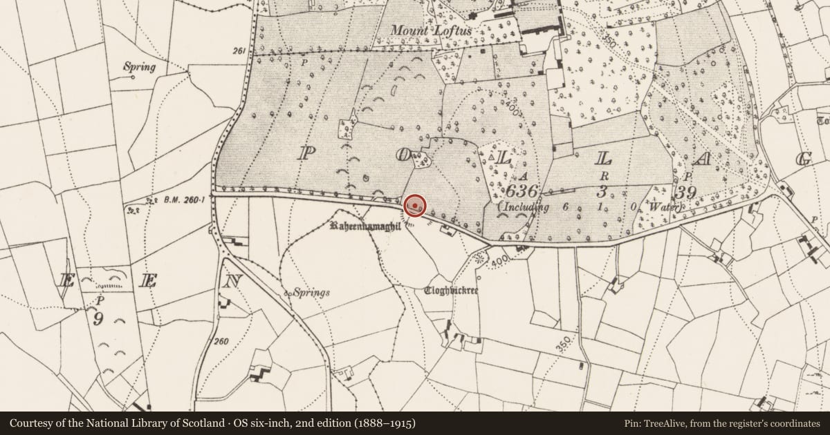 Ordnance Survey six-inch map, 2nd edition (1888–1915) covering the location of Enclosure, Pollagh, County Kilkenny, with a pin at the register's coordinates