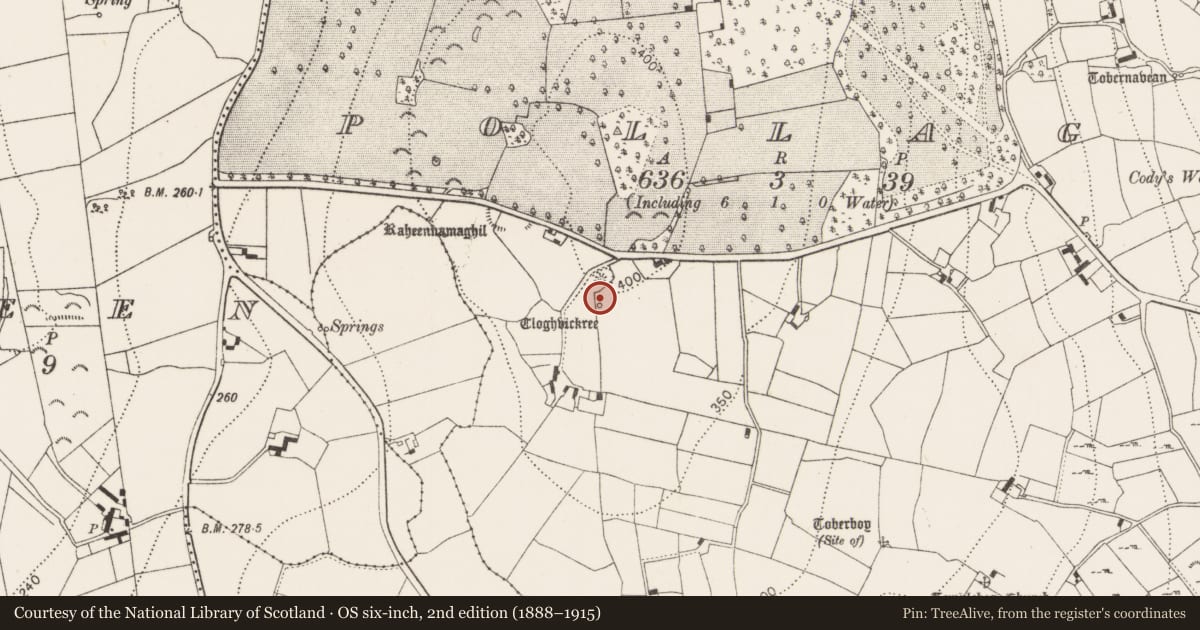 Ordnance Survey six-inch map, 2nd edition (1888–1915) covering the location of Ritual site - holy/saint's stone, Pollagh, County Kilkenny, with a pin at the register's coordinates