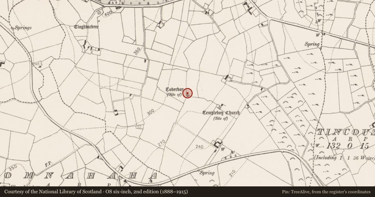 Ordnance Survey six-inch map, 2nd edition (1888–1915) covering the location of Ritual site - holy well, Pollagh, County Kilkenny, with a pin at the register's coordinates