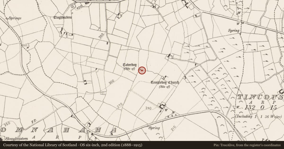 Ordnance Survey six-inch map, 2nd edition (1888–1915) covering the location of Children's burial ground, Pollagh, County Kilkenny, with a pin at the register's coordinates