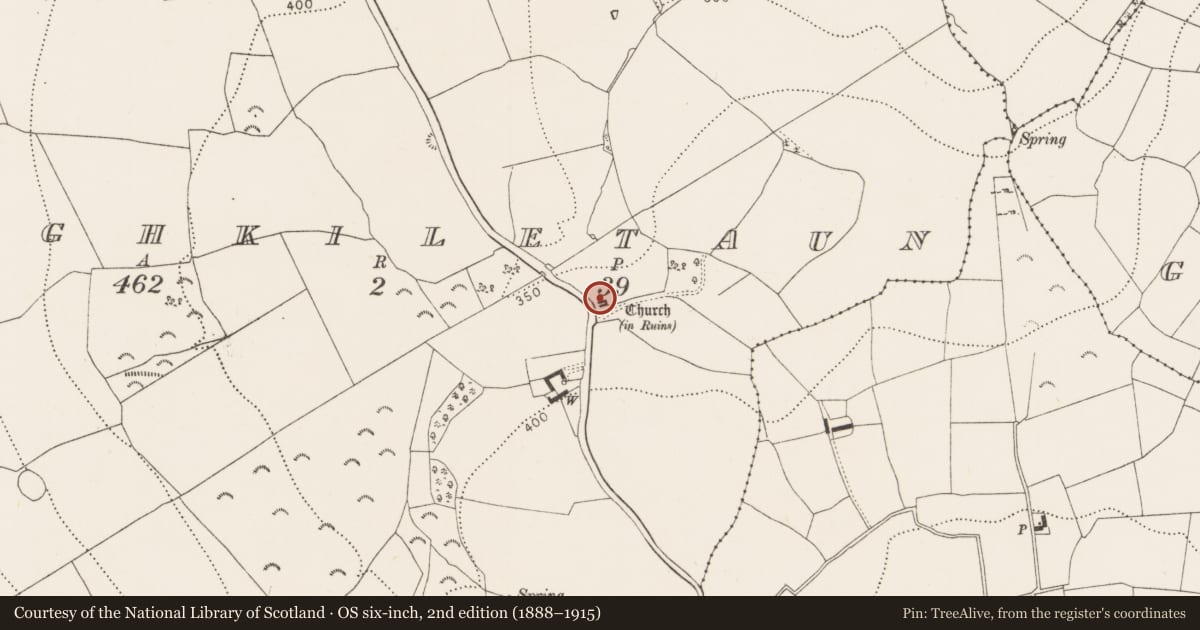 Ordnance Survey six-inch map, 2nd edition (1888–1915) covering the location of Church, Aughkiletaun, County Kilkenny, with a pin at the register's coordinates