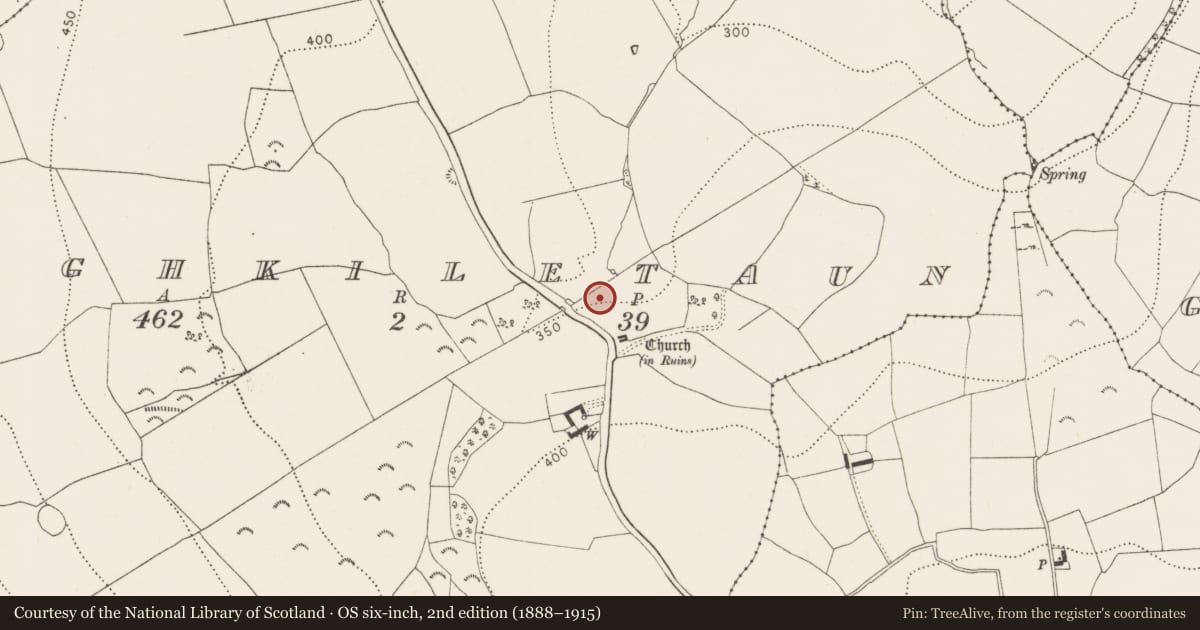Ordnance Survey six-inch map, 2nd edition (1888–1915) covering the location of Ritual site - holy well, Aughkiletaun, County Kilkenny, with a pin at the register's coordinates