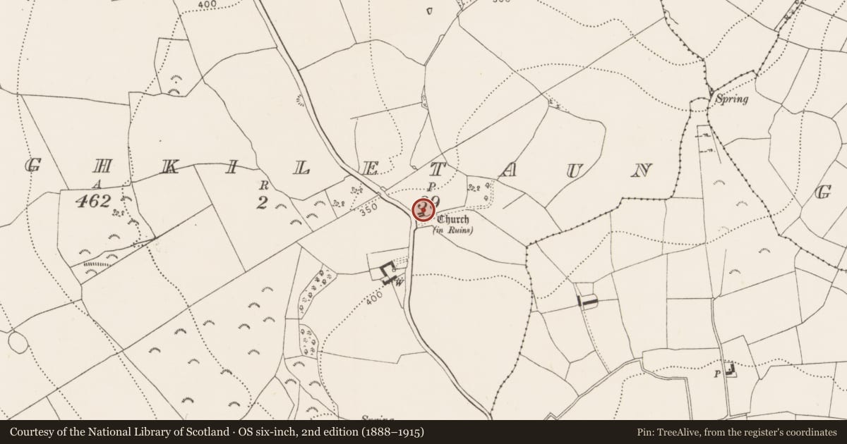 Ordnance Survey six-inch map, 2nd edition (1888–1915) covering the location of Cross - High cross, Aughkiletaun, County Kilkenny, with a pin at the register's coordinates