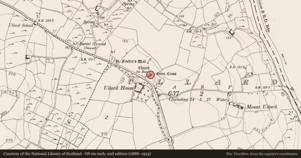 Ordnance Survey six-inch map, 2nd edition (1888–1915) covering the location of Church, Ullard, County Kilkenny, with a pin at the register's coordinates