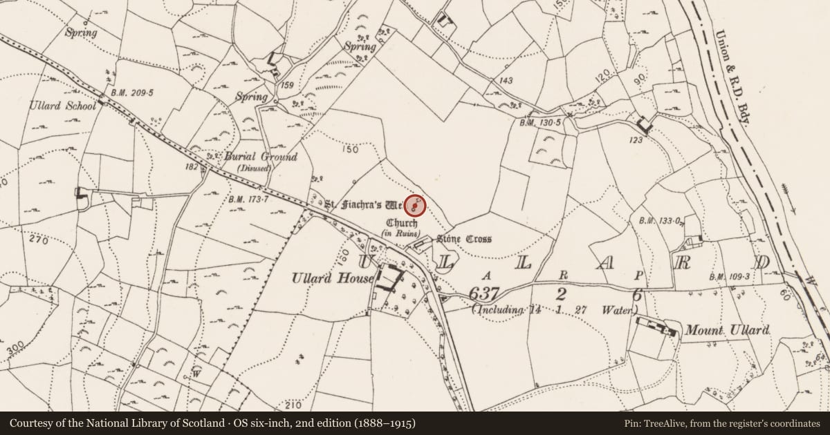Ordnance Survey six-inch map, 2nd edition (1888–1915) covering the location of Ritual site - holy well, Ullard, County Kilkenny, with a pin at the register's coordinates