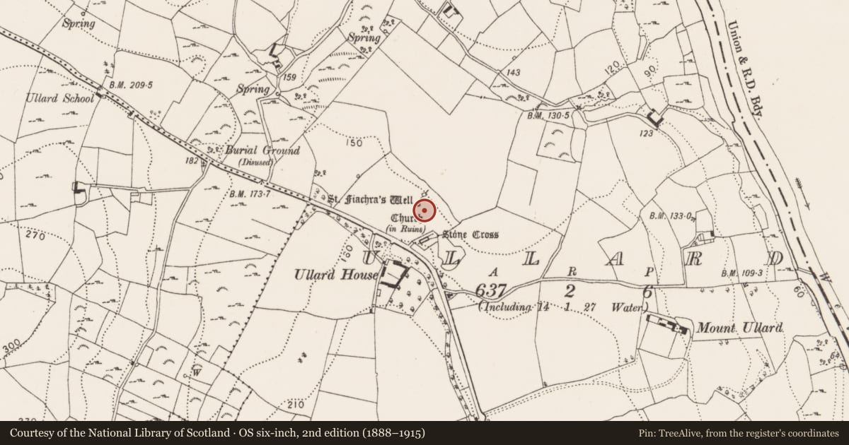 Ordnance Survey six-inch map, 2nd edition (1888–1915) covering the location of Bullaun stone, Ullard, County Kilkenny, with a pin at the register's coordinates