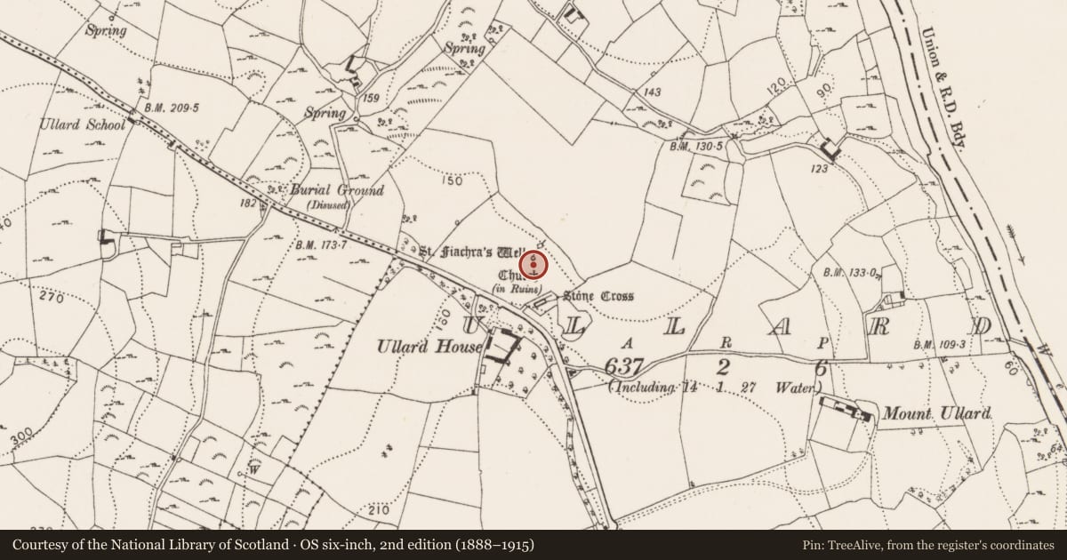 Ordnance Survey six-inch map, 2nd edition (1888–1915) covering the location of Bullaun stone, Ullard, County Kilkenny, with a pin at the register's coordinates