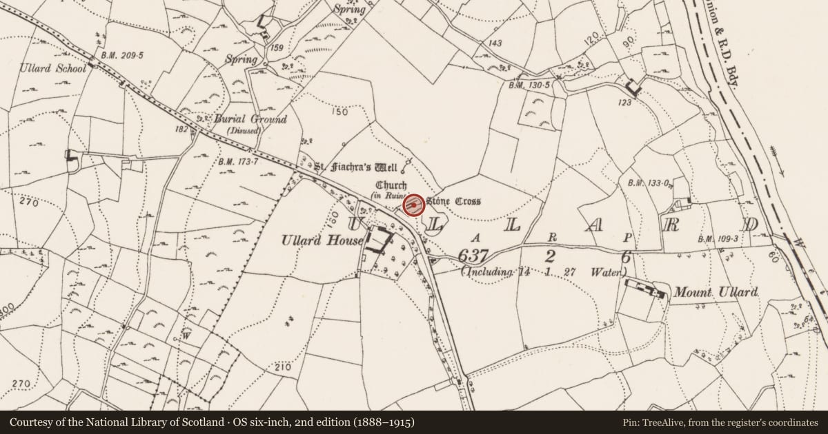 Ordnance Survey six-inch map, 2nd edition (1888–1915) covering the location of Graveyard, Ullard, County Kilkenny, with a pin at the register's coordinates