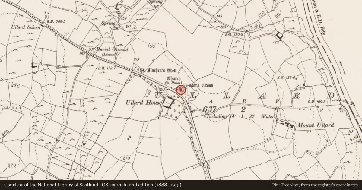 Ordnance Survey six-inch map, 2nd edition (1888–1915) covering the location of Cross-slab, Ullard, County Kilkenny, with a pin at the register's coordinates